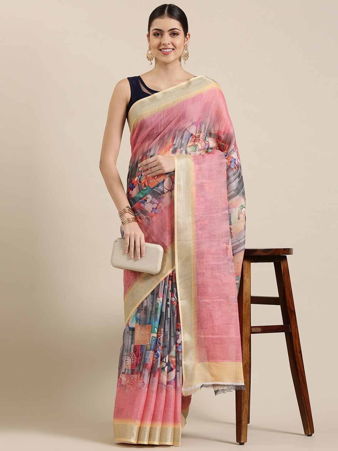

The Chennai Silks Ethnic Motifs Zari Bhagalpuri Saree, Pink