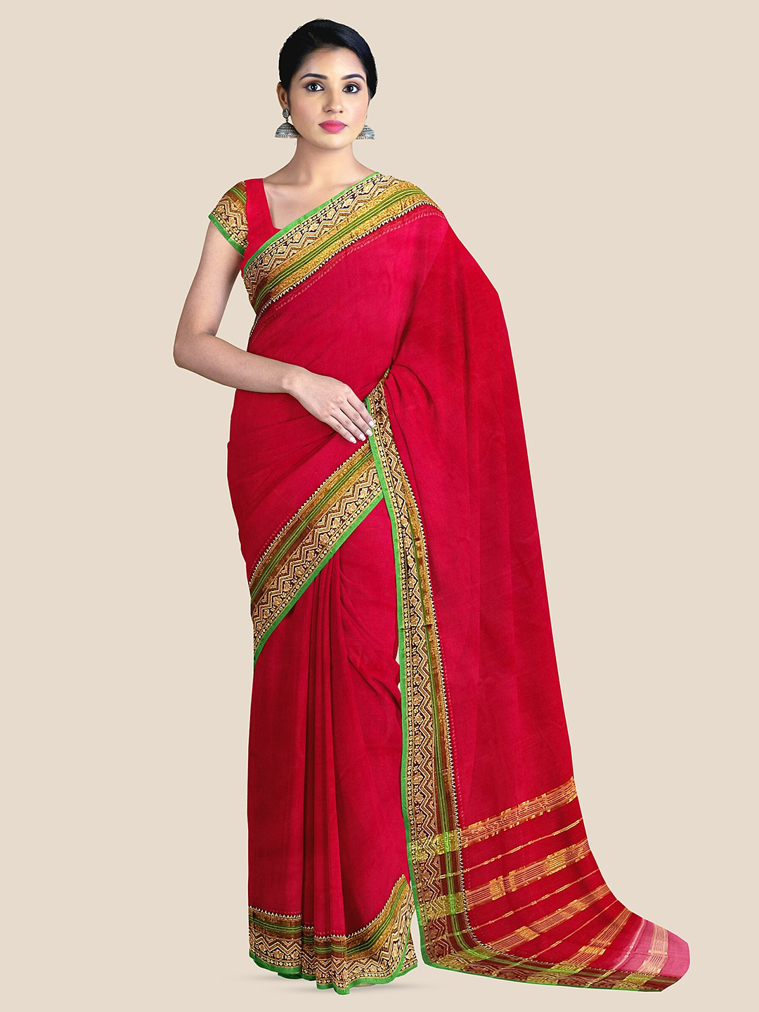 

The Chennai Silks Ethnic Motifs Printed Zari & Gotta Patti Pure Cotton Kovai Saree, Red