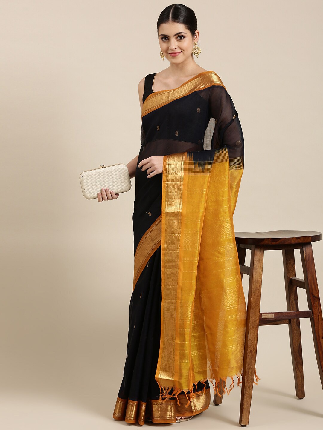 

The Chennai Silks Woven Design Zari Silk Cotton Maheshwari Saree, Black