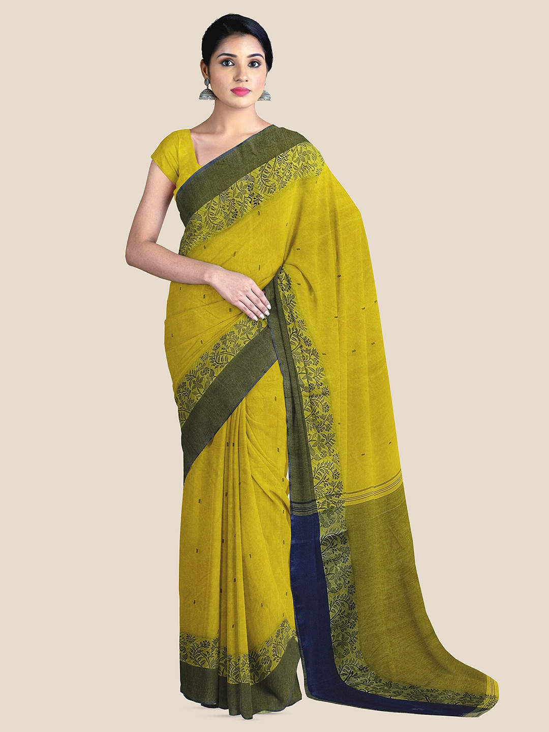 

The Chennai Silks Floral Woven Design Pure Cotton Taant Saree, Yellow