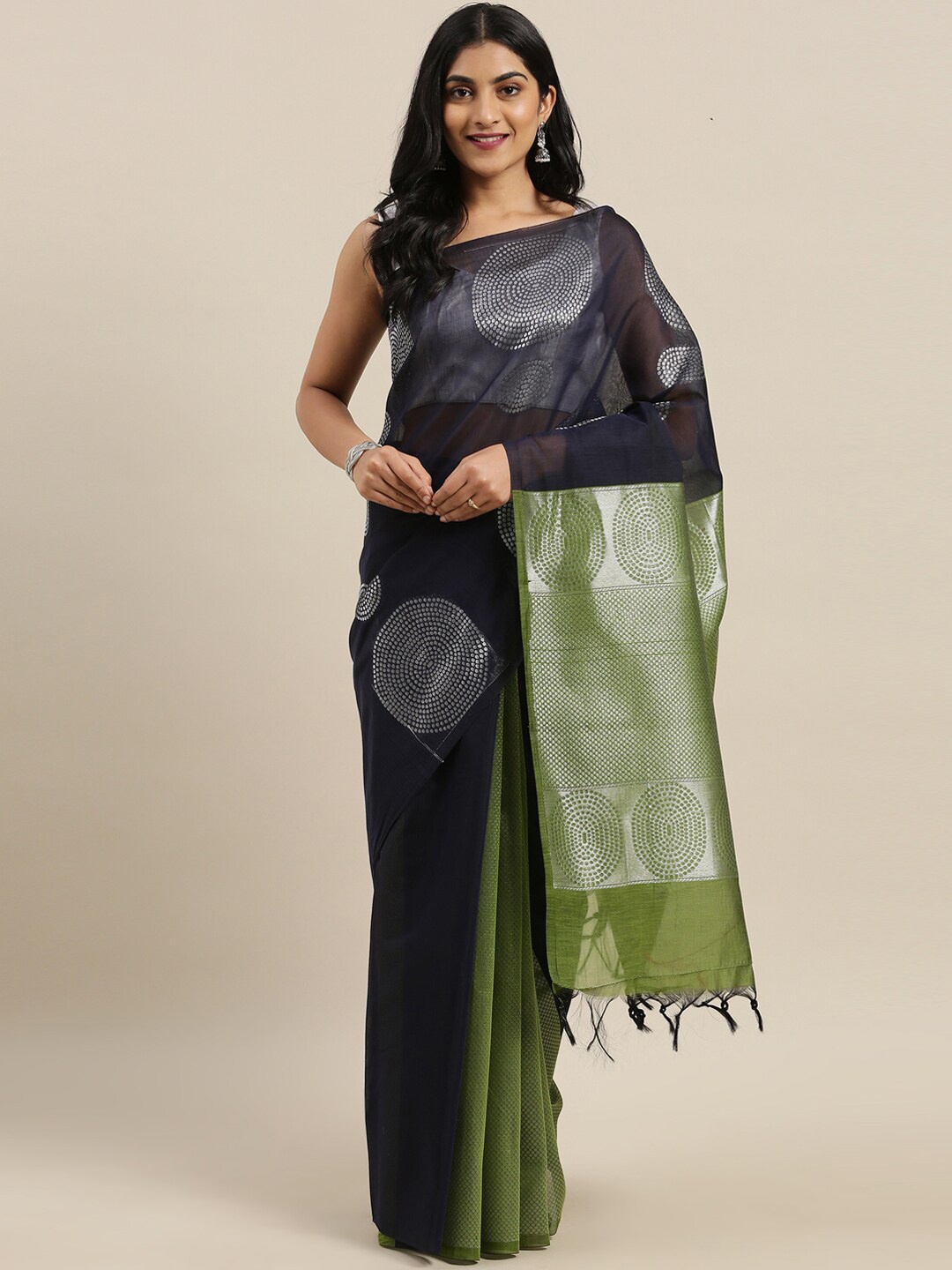 

The Chennai Silks Woven Design Zari Silk Cotton Maheshwari Saree, Navy blue