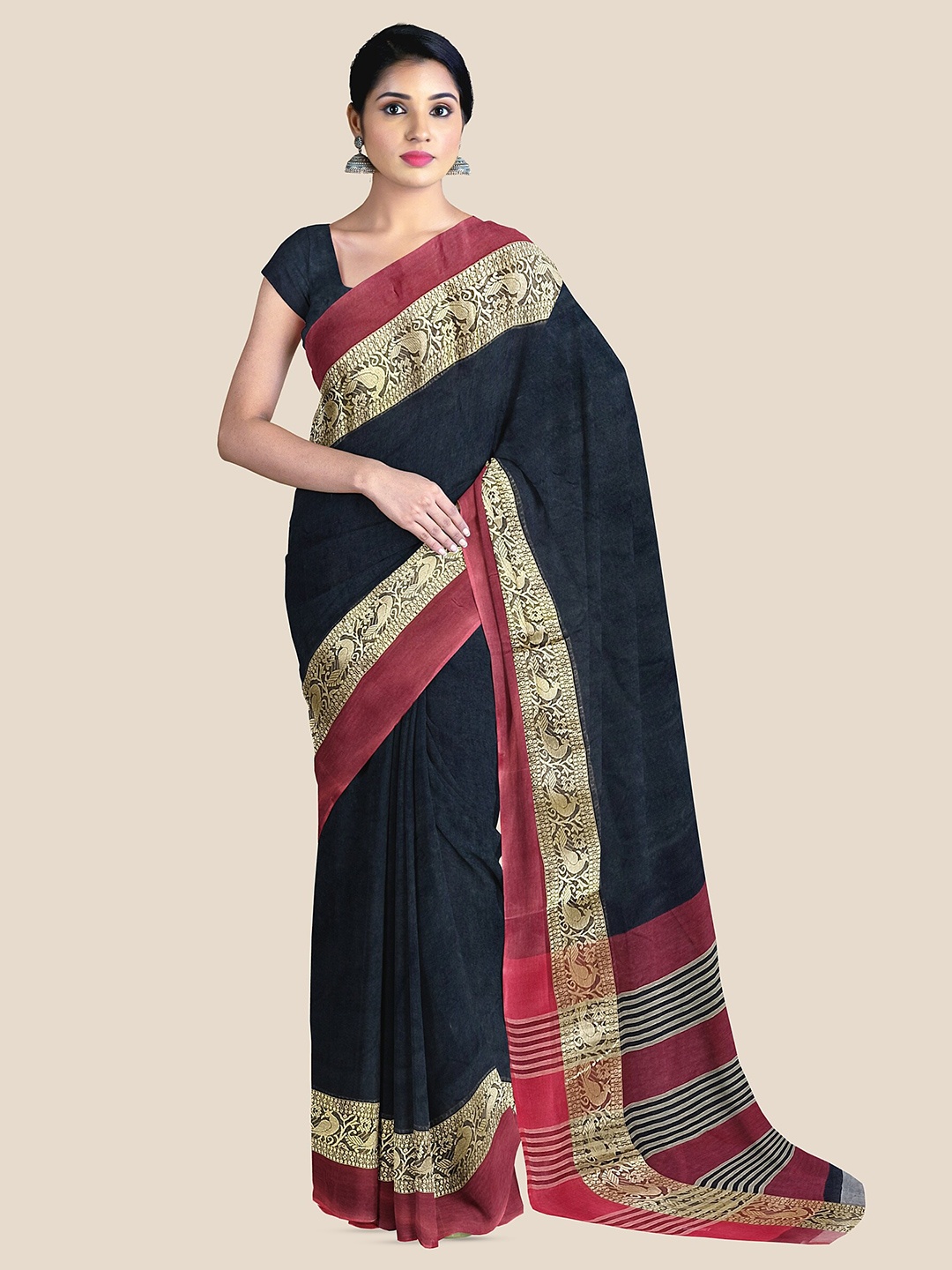 

The Chennai Silks Zari Pure Cotton Taant Saree, Black