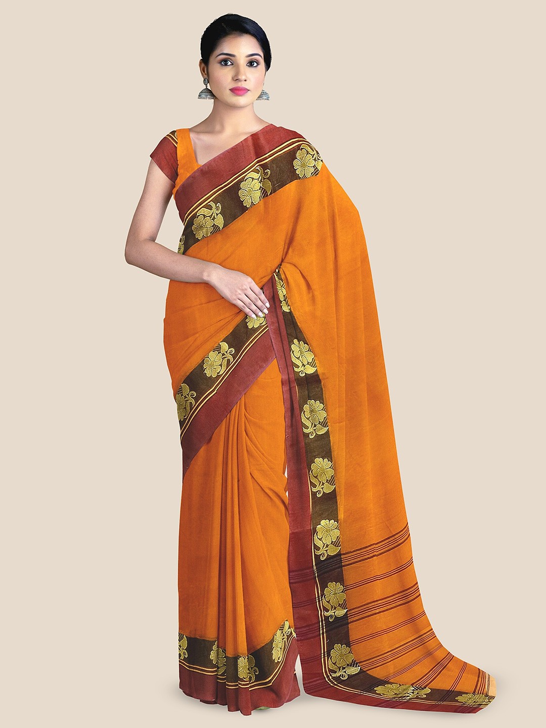 

The Chennai Silks Floral Printed Zari Pure Cotton Taant Saree, Orange