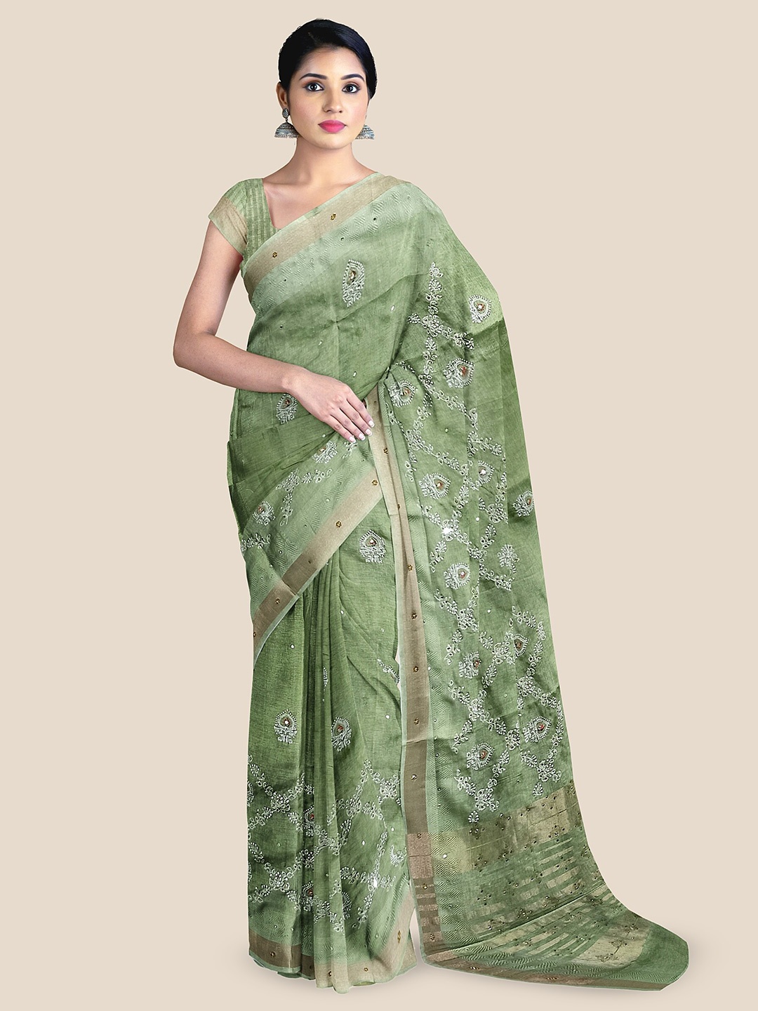 

The Chennai Silks Embellished Embroidered Jute Cotton Saree, Green