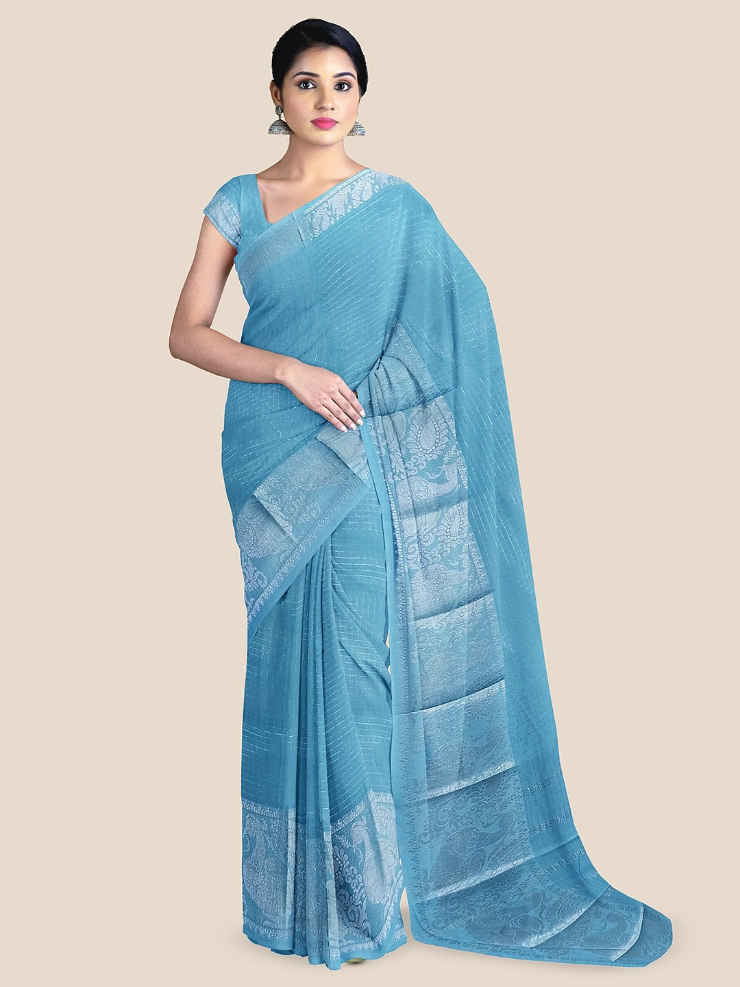 

The Chennai Silks Checked Zari Pure Cotton Saree, Blue
