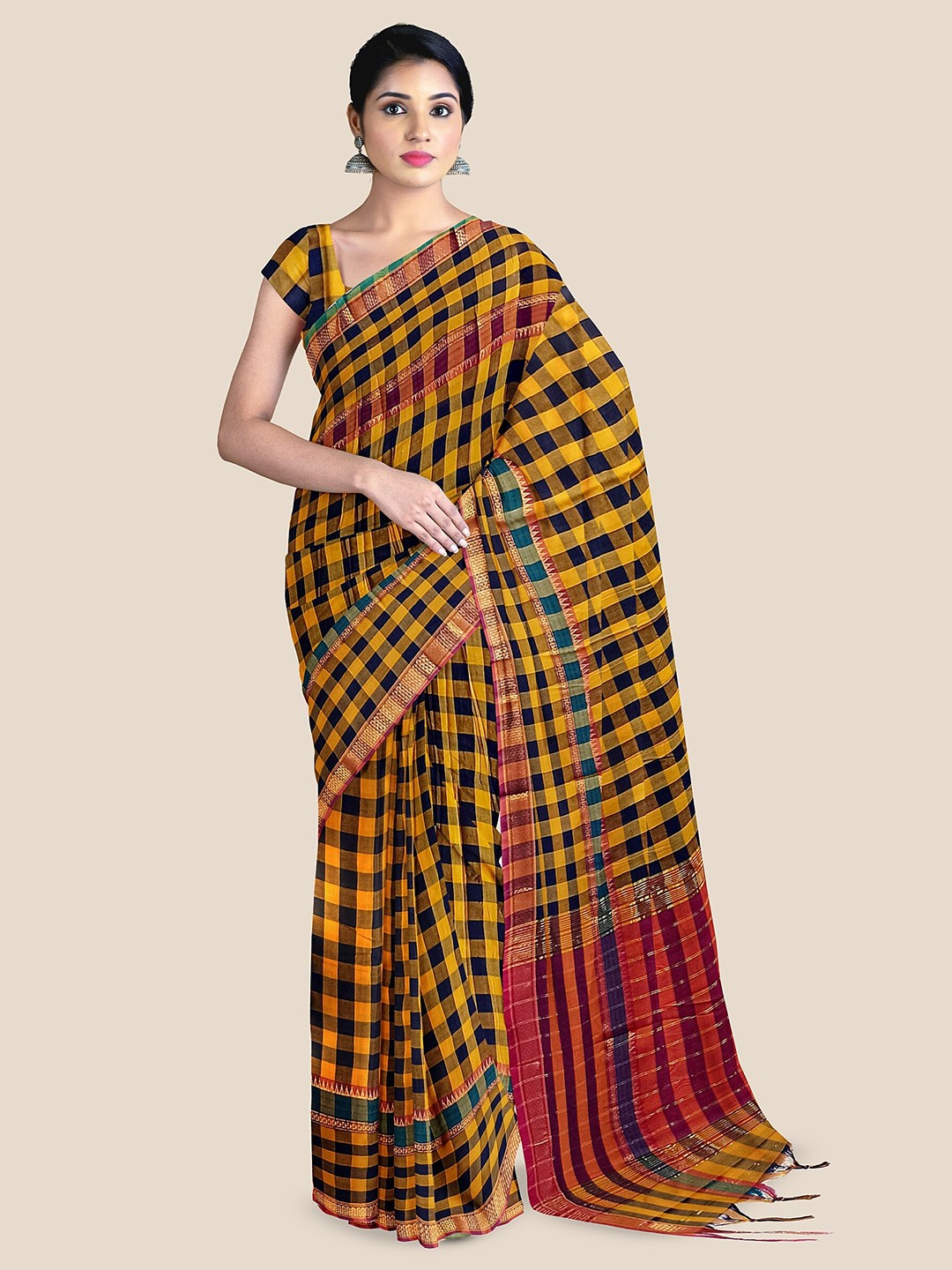 

The Chennai Silks Checked Zari Pure Cotton Kovai Saree, Yellow