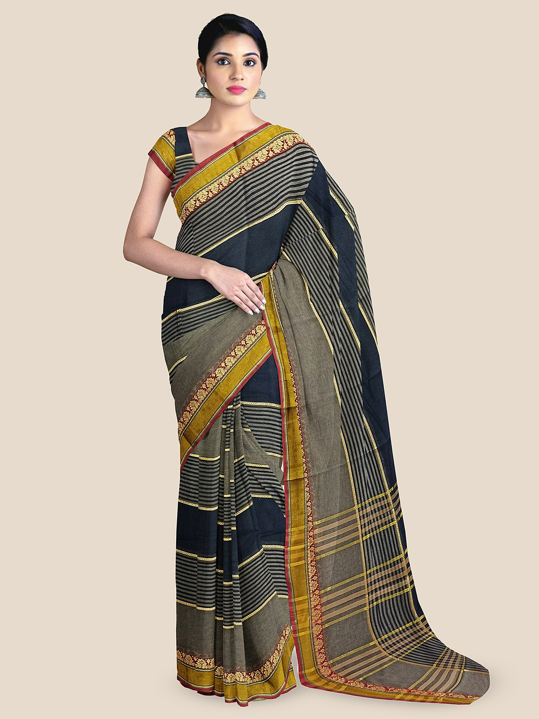 

The Chennai Silks Striped Zari Sambalpuri Saree, Black