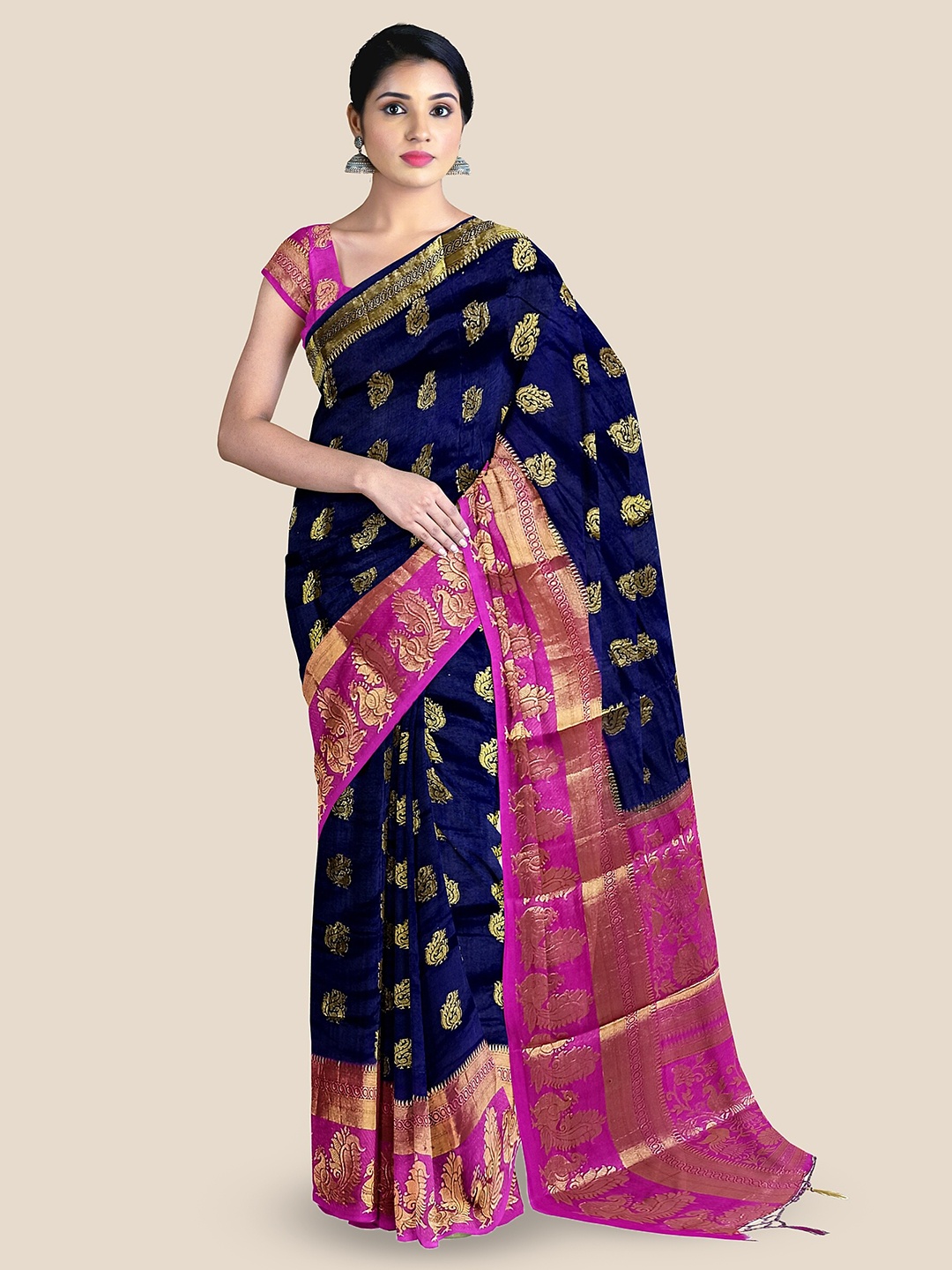 

The Chennai Silks Woven Design Zari Jute Cotton Saree, Navy blue