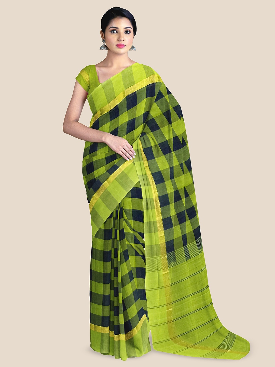 

The Chennai Silks Checked Zari Pure Cotton Narayan Peth Saree, Green