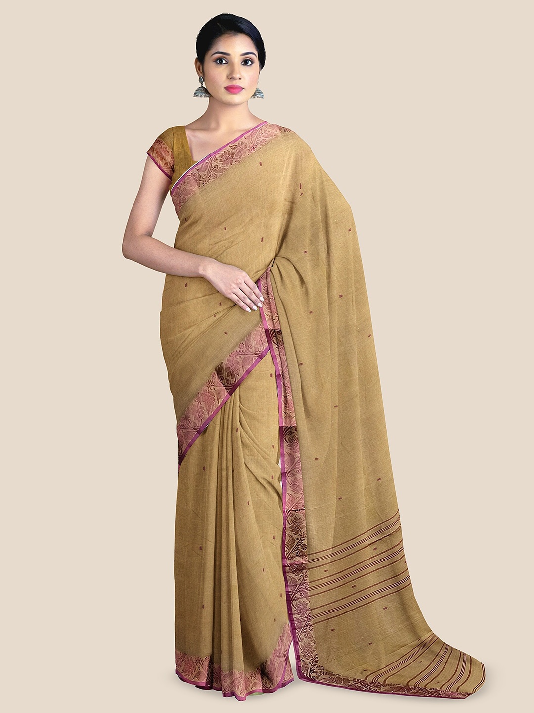 

The Chennai Silks Woven Design Zari Pure Cotton Taant Saree, Brown