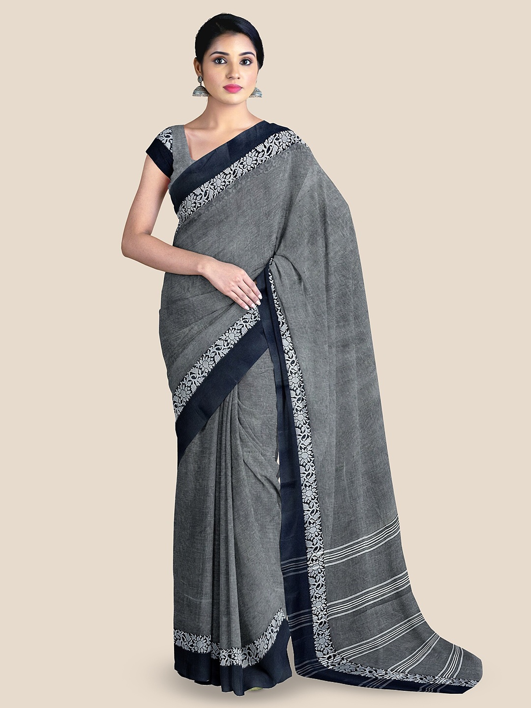 

The Chennai Silks Pure Cotton Taant Saree, Grey