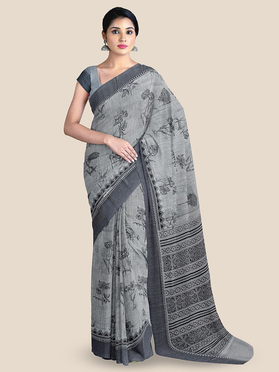 

The Chennai Silks Floral Pure Cotton Saree, Grey