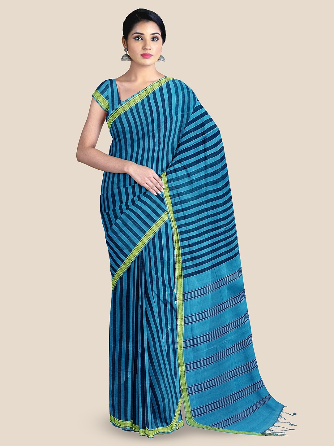 

The Chennai Silks Striped Pure Cotton Saree, Blue