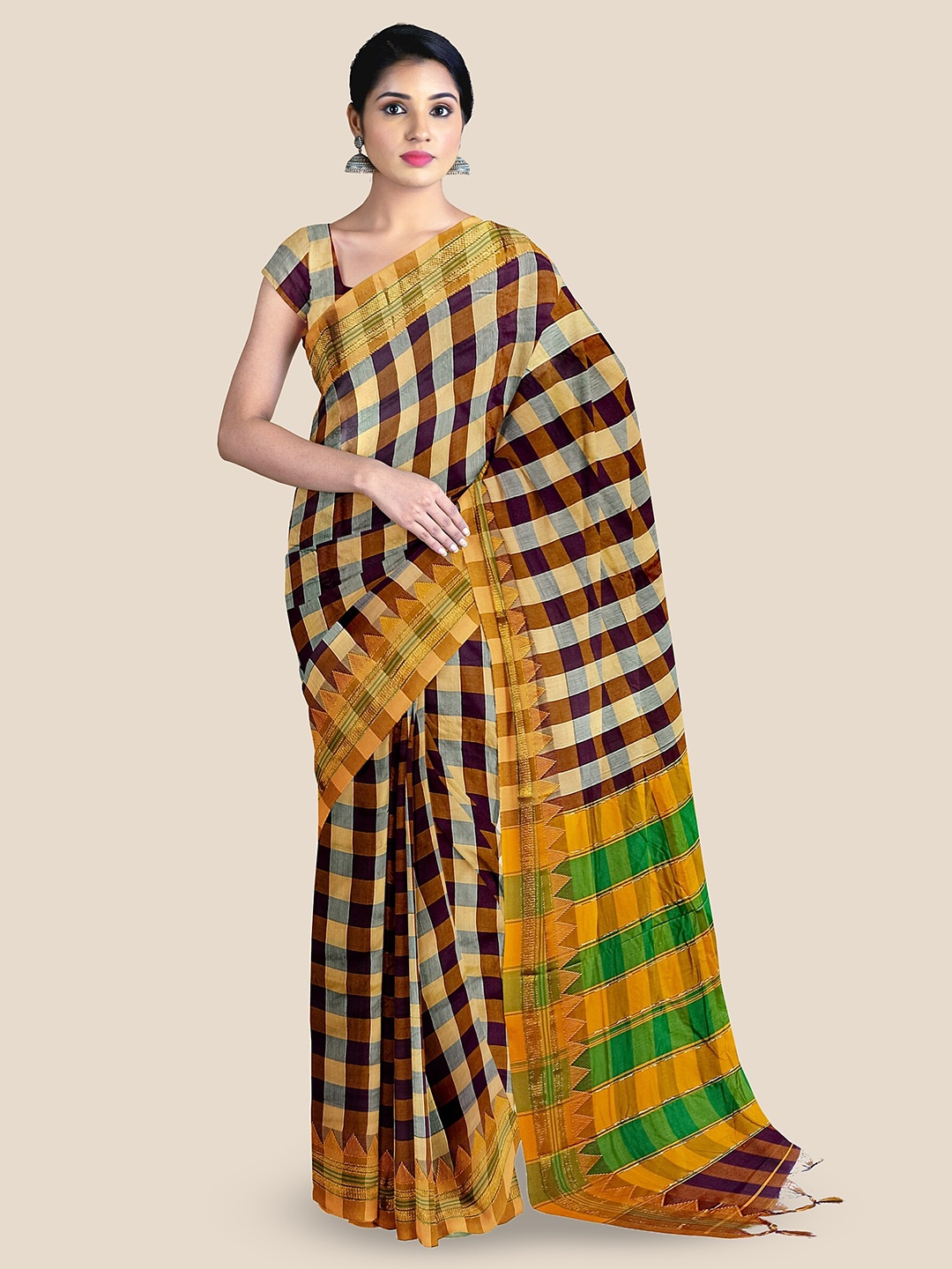 

The Chennai Silks Checked Zari Pure Cotton Kovai Saree, Yellow