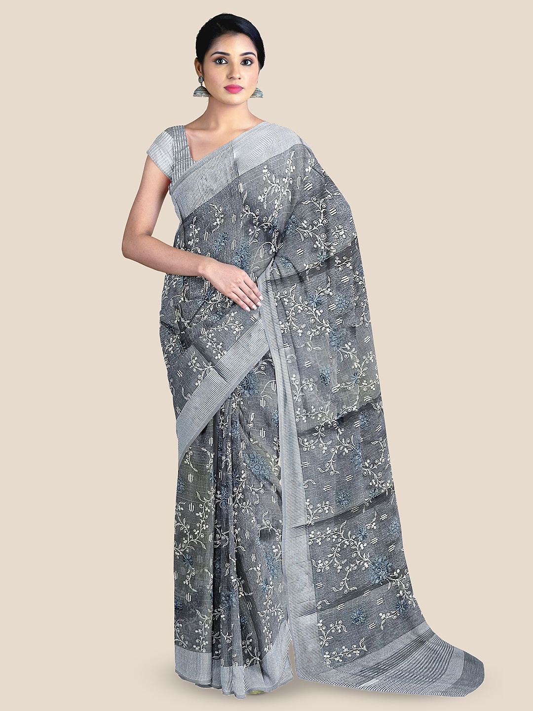 

The Chennai Silks Floral Embroidered Tissue Banarasi Saree, Grey