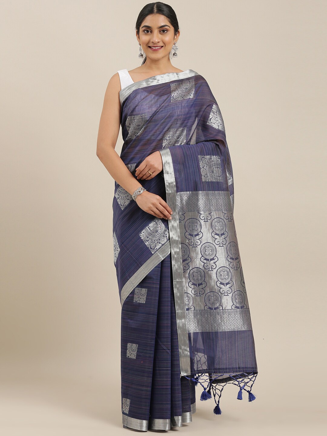 

The Chennai Silks Ethnic Motifs Zari Silk Cotton Maheshwari Saree, Navy blue