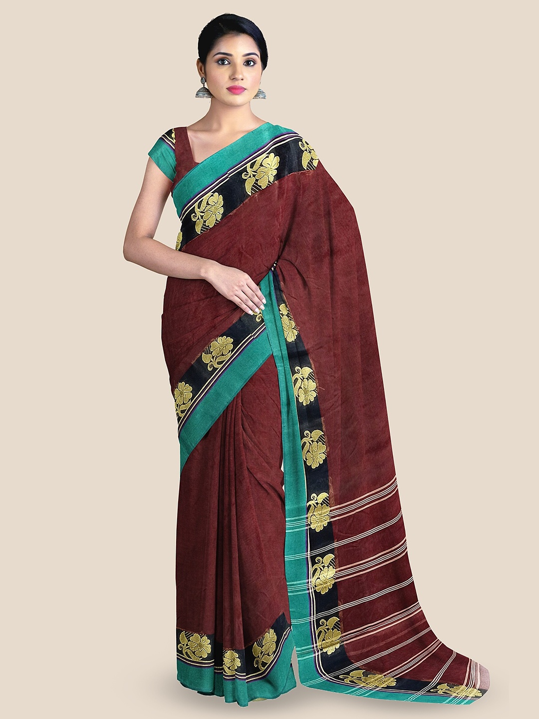 

The Chennai Silks Woven Design Zari Pure Cotton Taant Saree, Brown