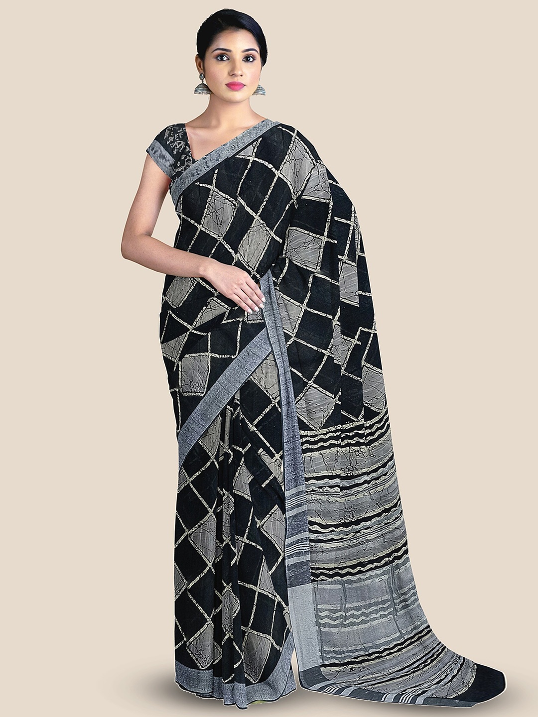 

The Chennai Silks Batik Pure Cotton Saree, Black