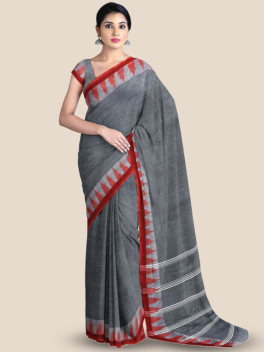 

The Chennai Silks Pure Cotton Taant Saree, Grey