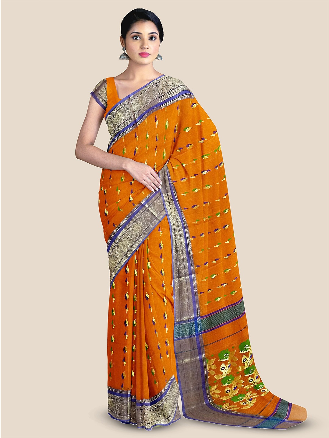 

The Chennai Silks Woven Design Zari Pure Cotton Taant Saree, Orange