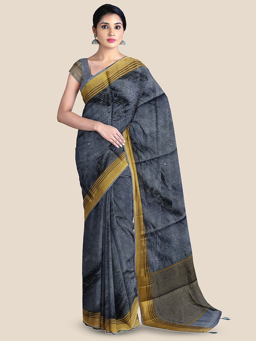 

The Chennai Silks Embellished Zari Jute Cotton Saree, Grey