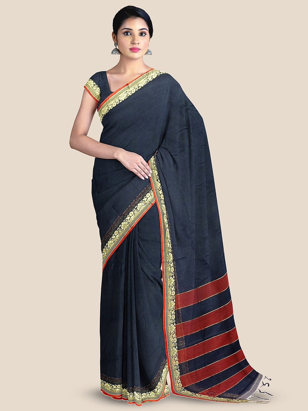 

The Chennai Silks Zari Pure Cotton Kovai Saree, Navy blue