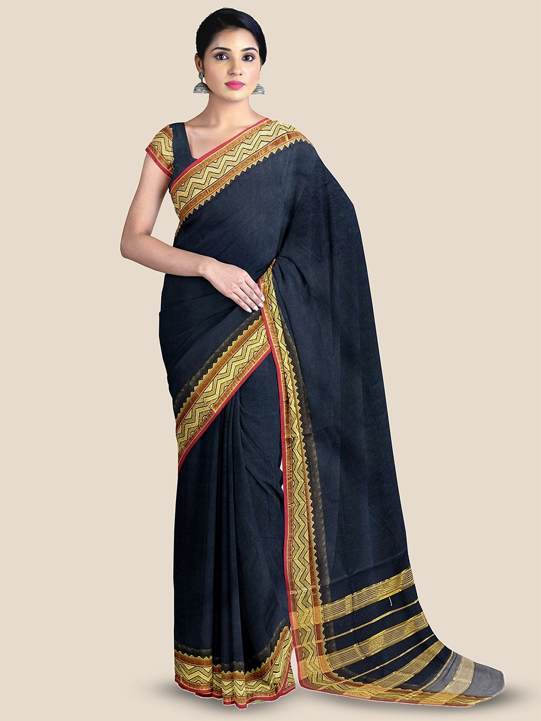 

The Chennai Silks Zari Pure Cotton Kovai Saree, Black