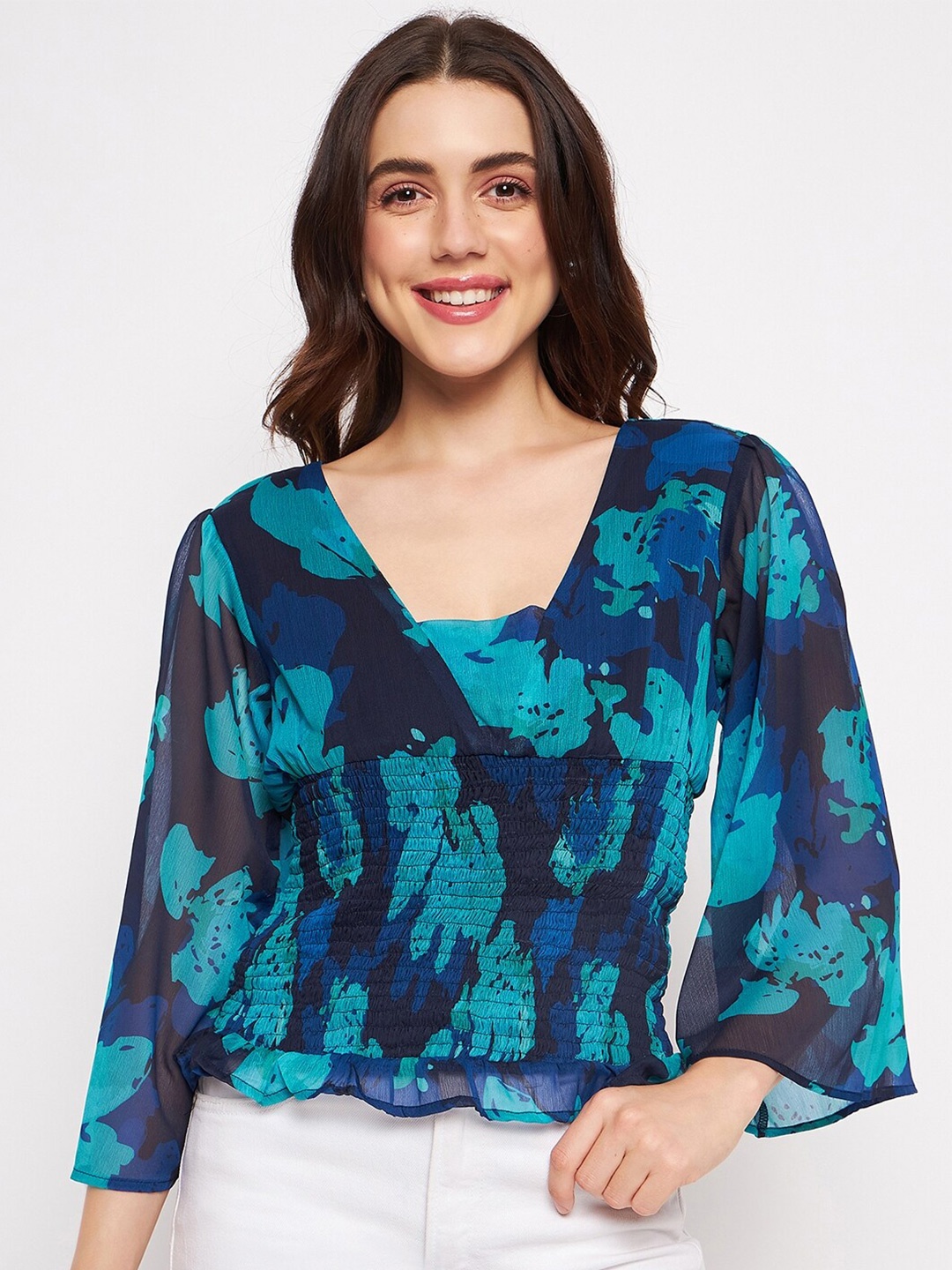 

DELAN Abstract Printed Flared Sleeve Smocked Top, Green