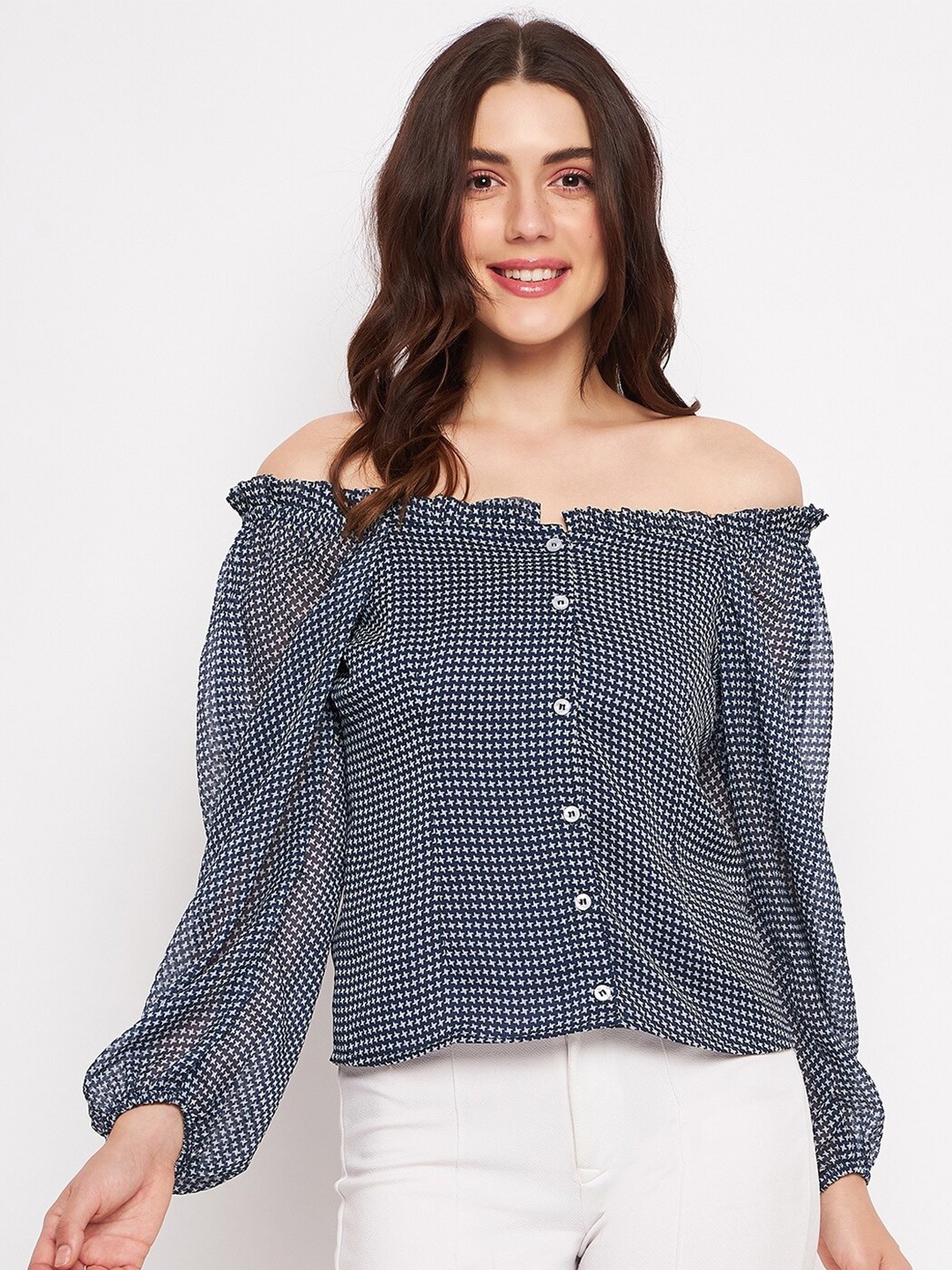 

DELAN Geometric Printed Off-Shoulder Puff Sleeve Bardot Top, Grey