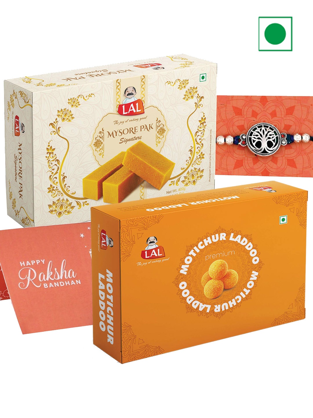 

LAL High Polish Beaded Thread Rakhi & Sweets-400g Each, Multi