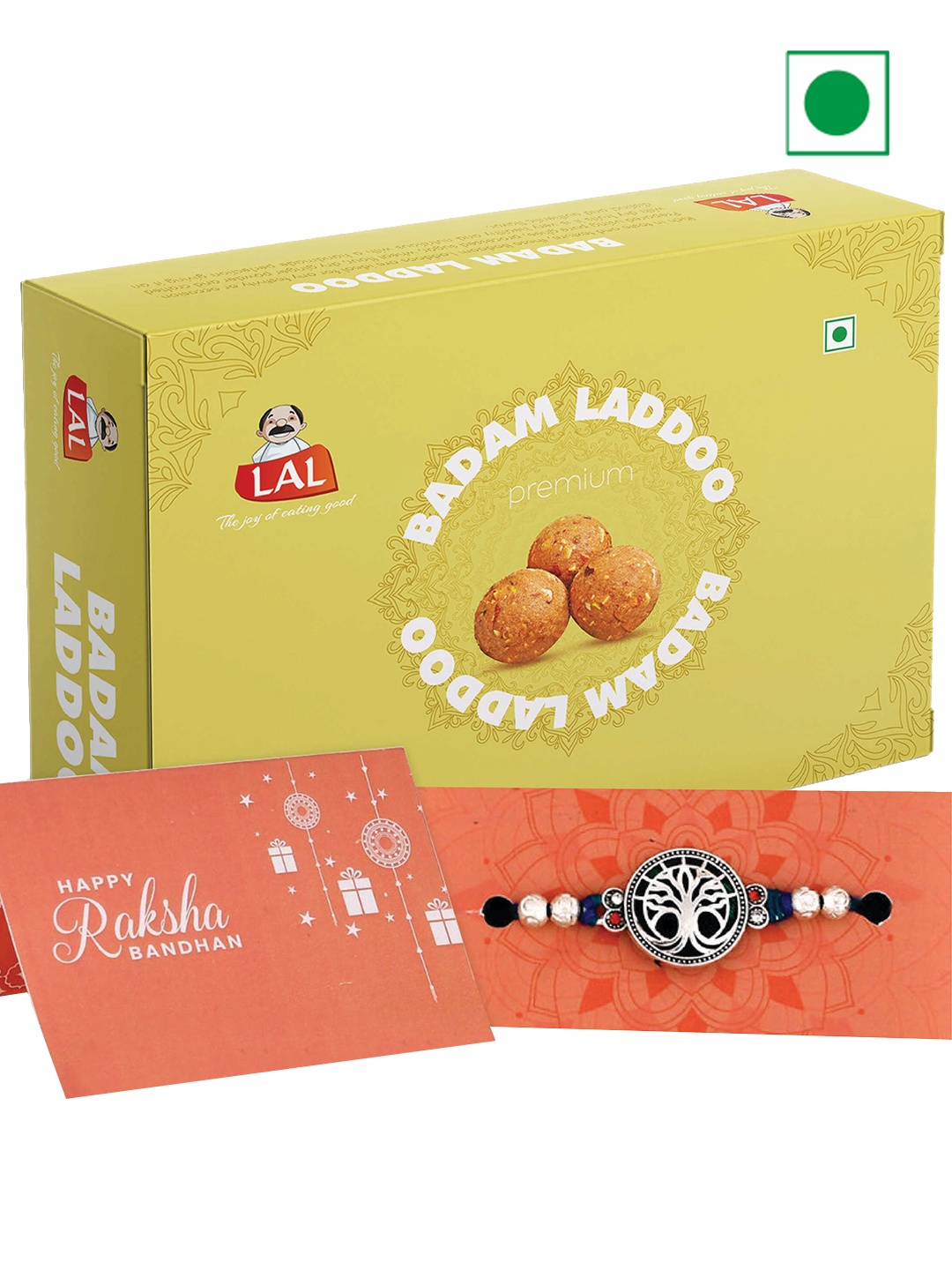 

LAL Badam Laddoo With High Polish Beaded Thread Rakhi 400g, Silver
