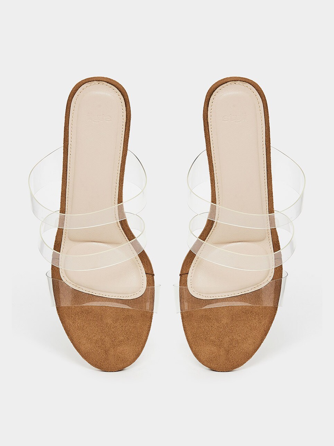 

Styli Tan Brown & Transparent Strappy Open Toe Stiletto Heels