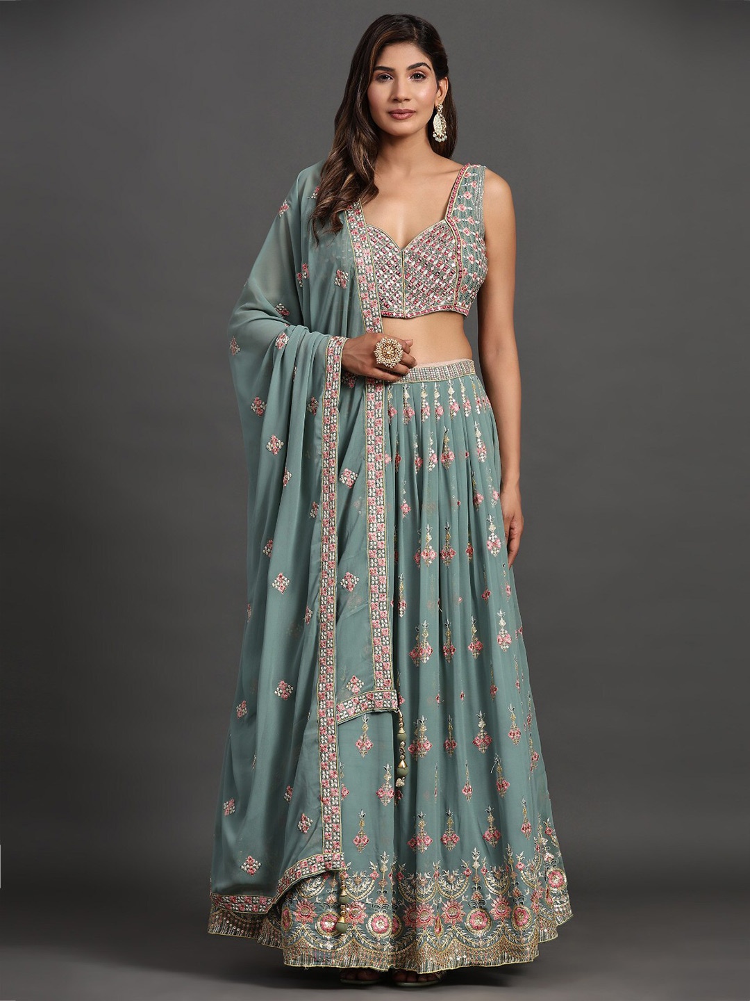 Fusionic Embroidered Thread Work Ready to Wear Lehenga & Blouse With Dupatta, Sea green