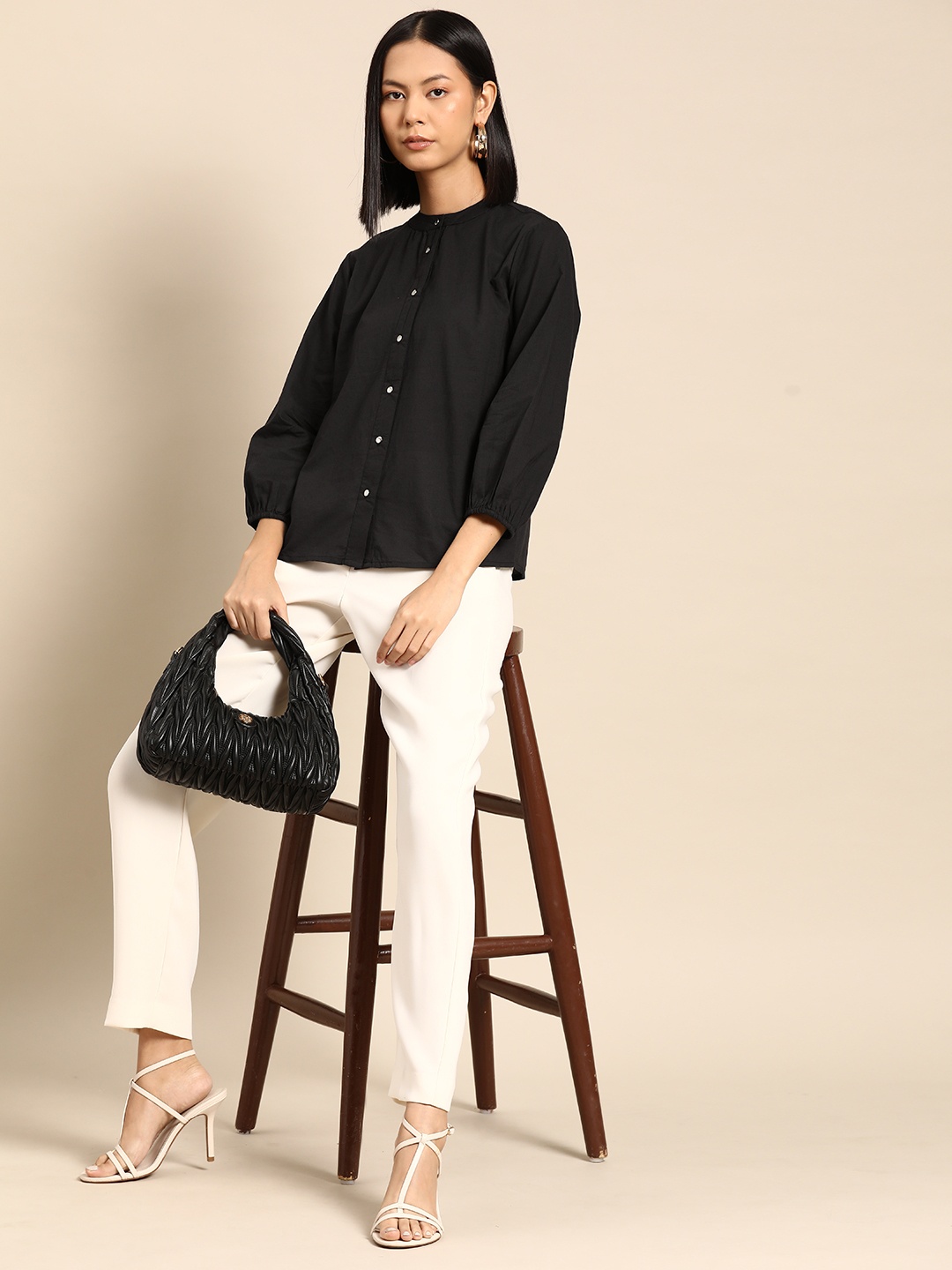 

all about you Opaque Mandarin Collar Casual Shirt, Black