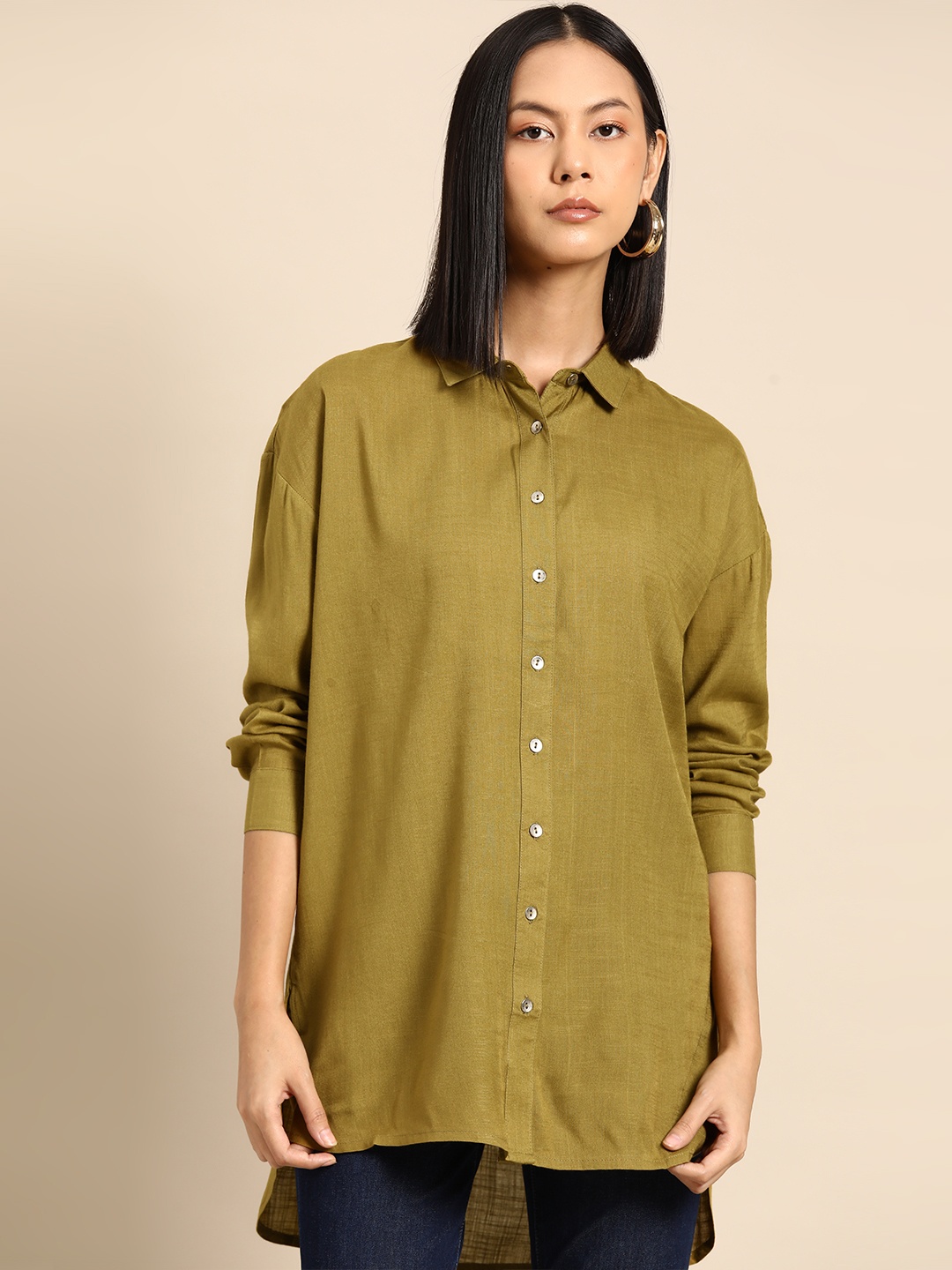 

all about you Opaque Casual Longline Shirt, Olive