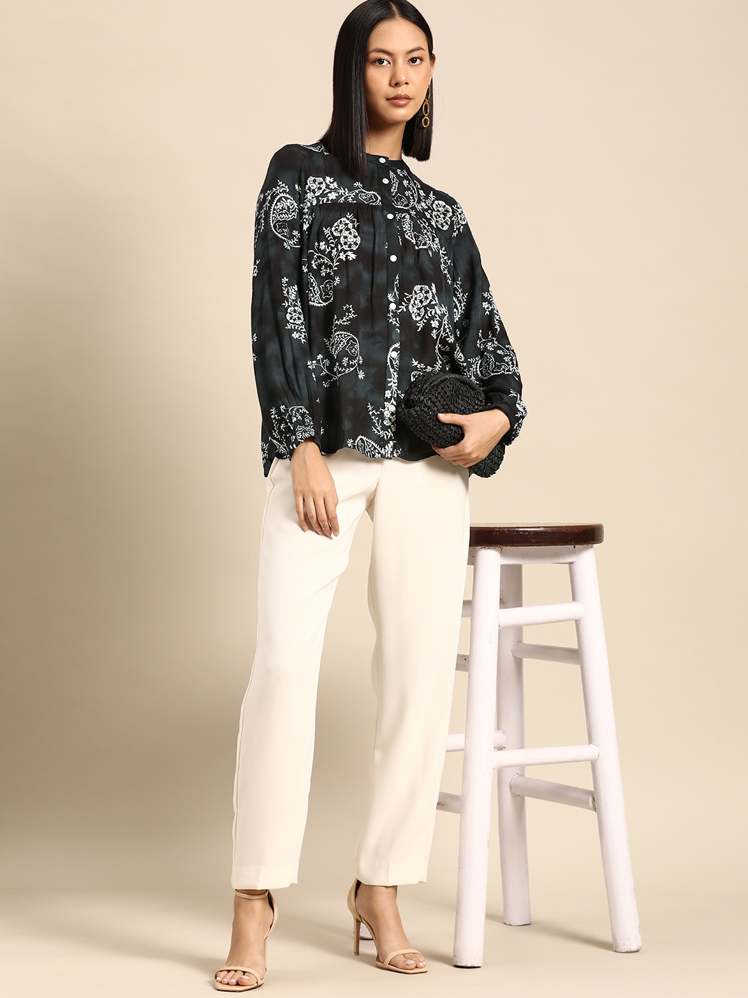 

all about you Floral Print Mandarin Collar Puff Sleeves Longline Top, Black