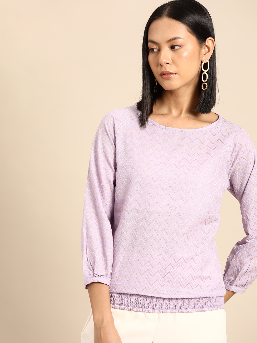 

all about you Geometric Print Smocked Cotton Top, Lavender