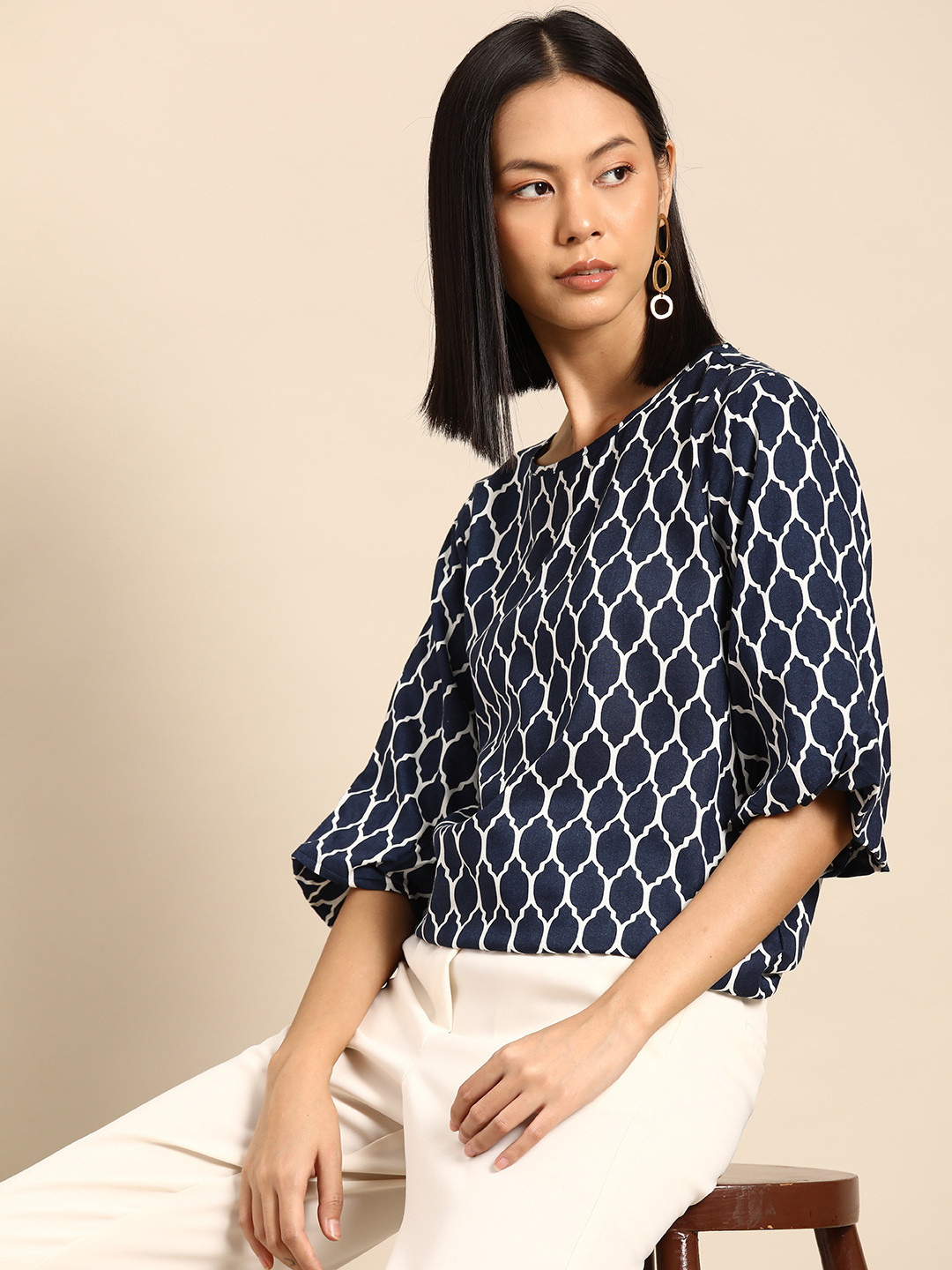 

all about you Geometric Print Puff Sleeves Longline Top, Navy blue