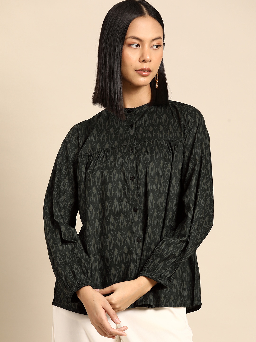 

all about you Print Mandarin Collar Puff Sleeves Longline Top, Black