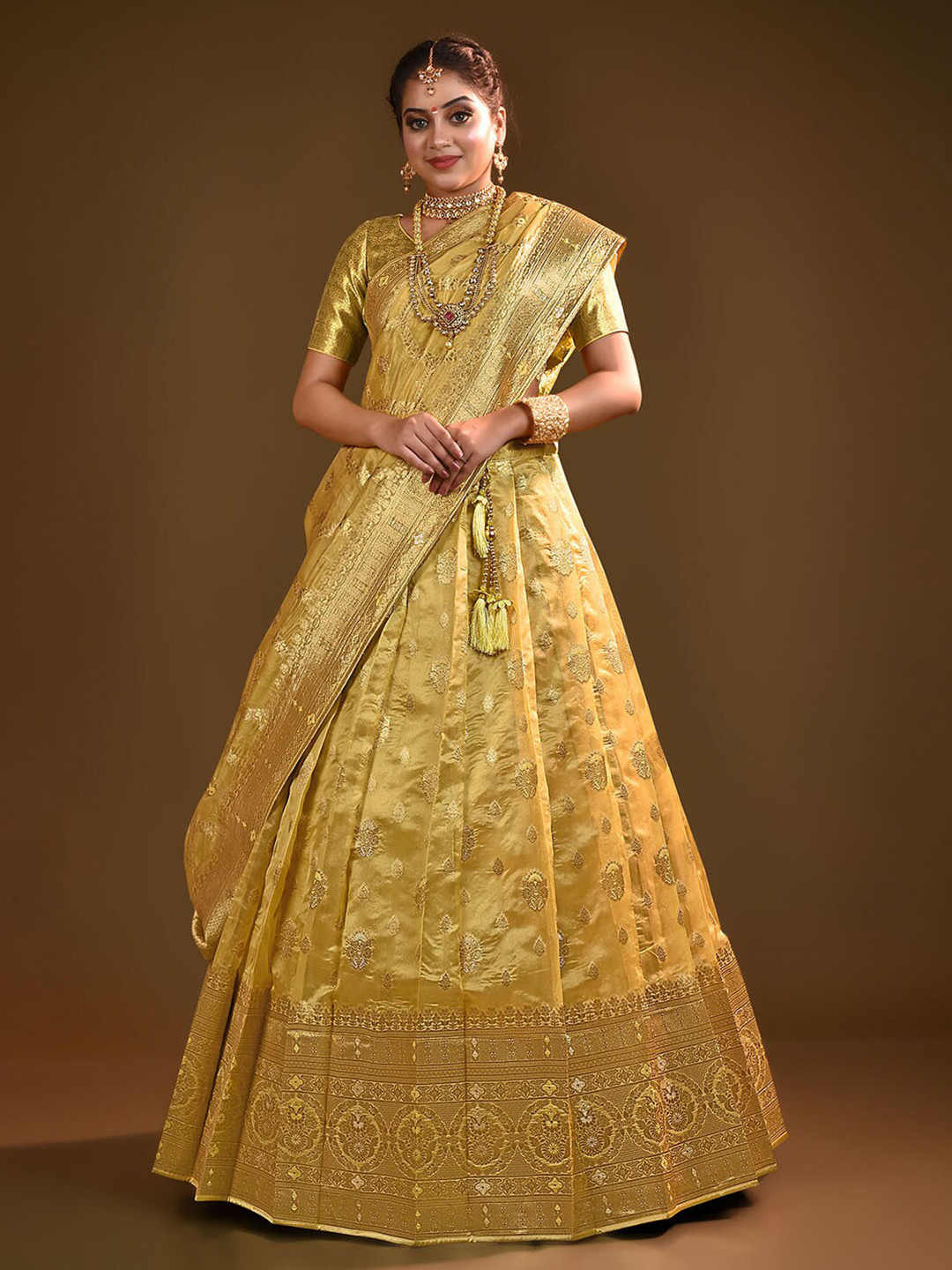 

HALFSAREE STUDIO Semi-Stitched Lehenga & Unstitched Blouse With Dupatta, Gold