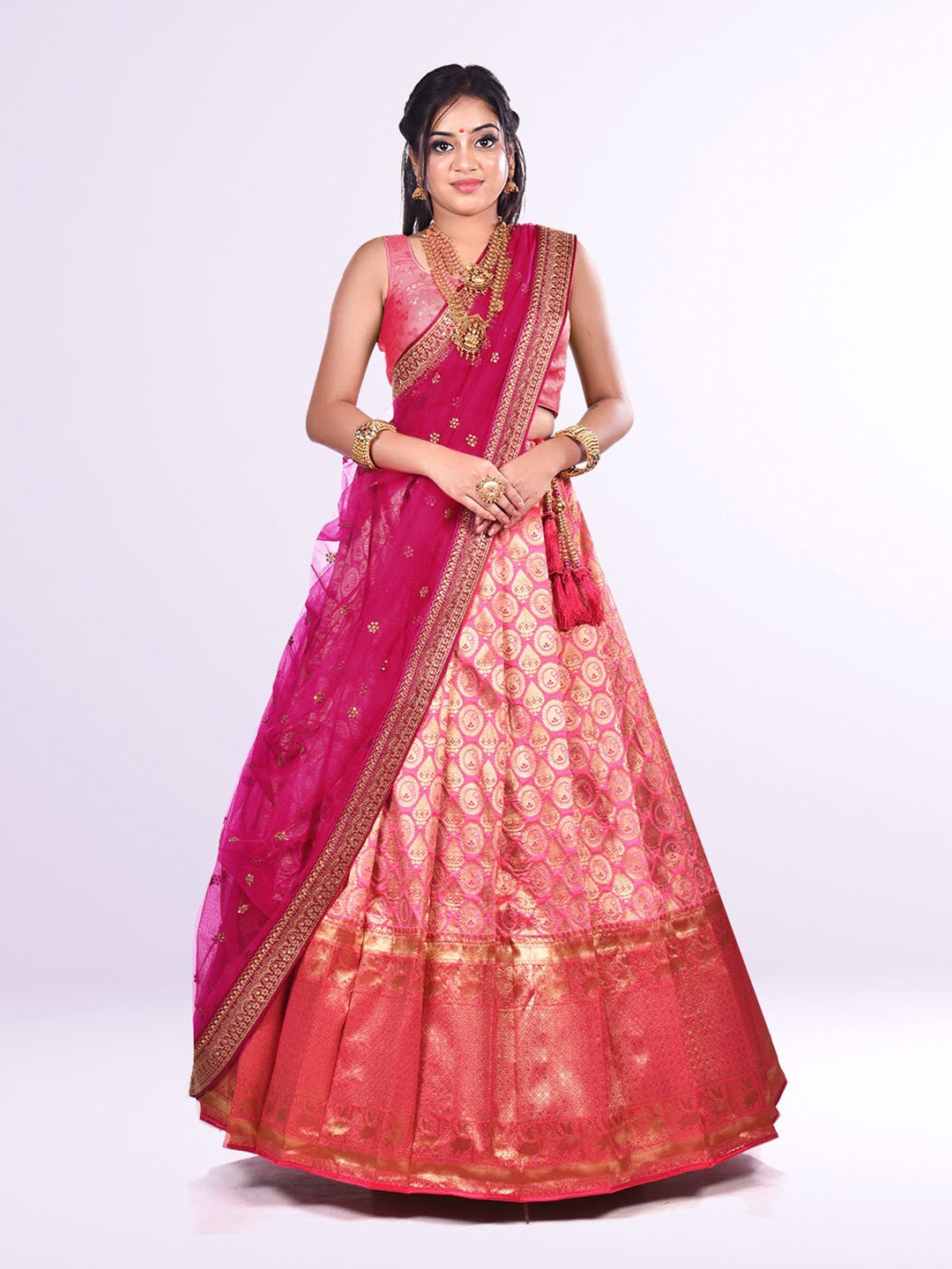 

HALFSAREE STUDIO Semi-Stitched Lehenga & Unstitched Blouse With Dupatta, Pink