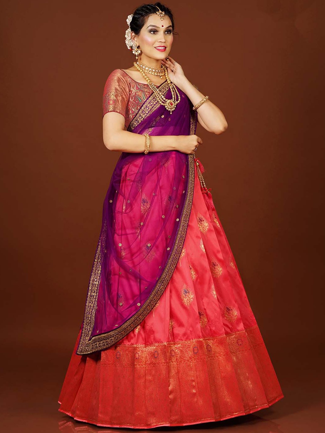 

HALFSAREE STUDIO Semi-Stitched Lehenga & Unstitched Blouse With Dupatta, Pink