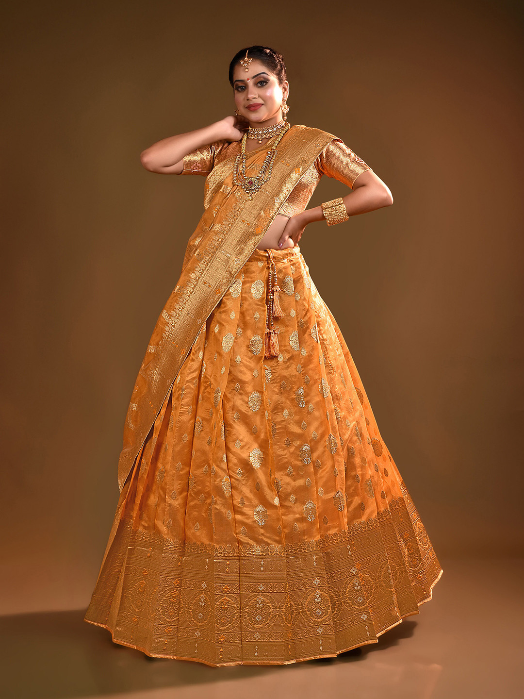 

HALFSAREE STUDIO Semi-Stitched Lehenga & Unstitched Blouse With Dupatta, Orange