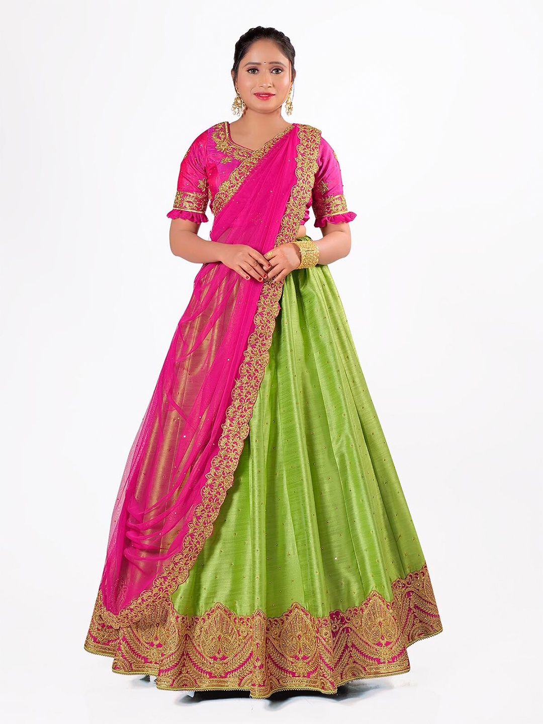 

HALFSAREE STUDIO Embroidered Semi-Stitched Lehenga & Unstitched Blouse With Dupatta, Green