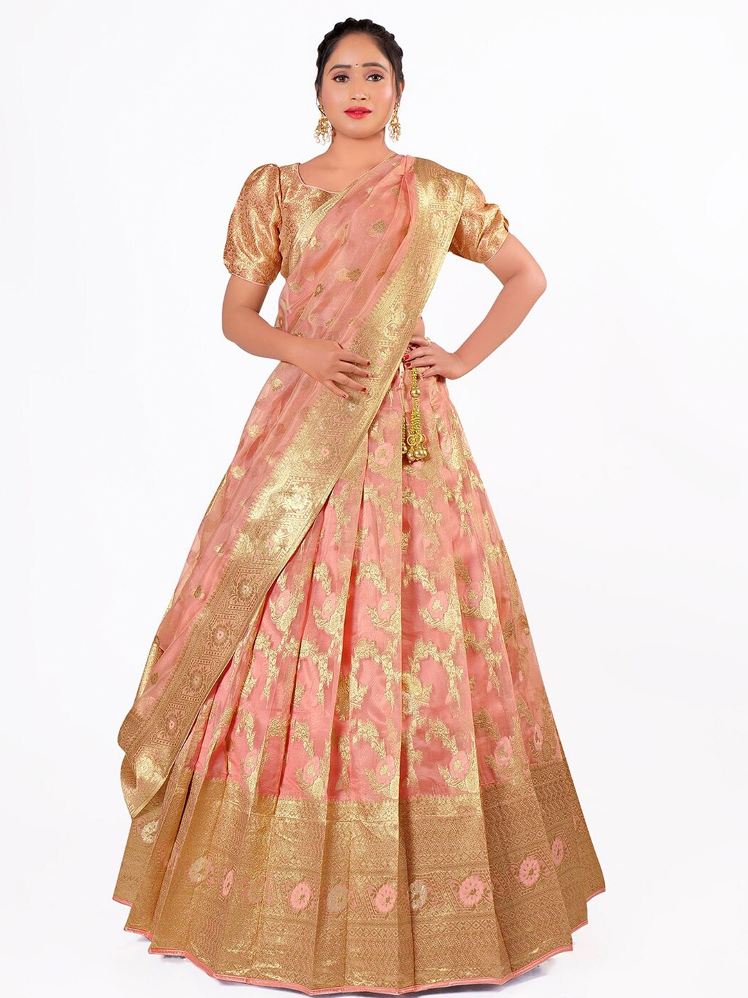 

HALFSAREE STUDIO Semi-Stitched Lehenga & Unstitched Blouse With Dupatta, Pink