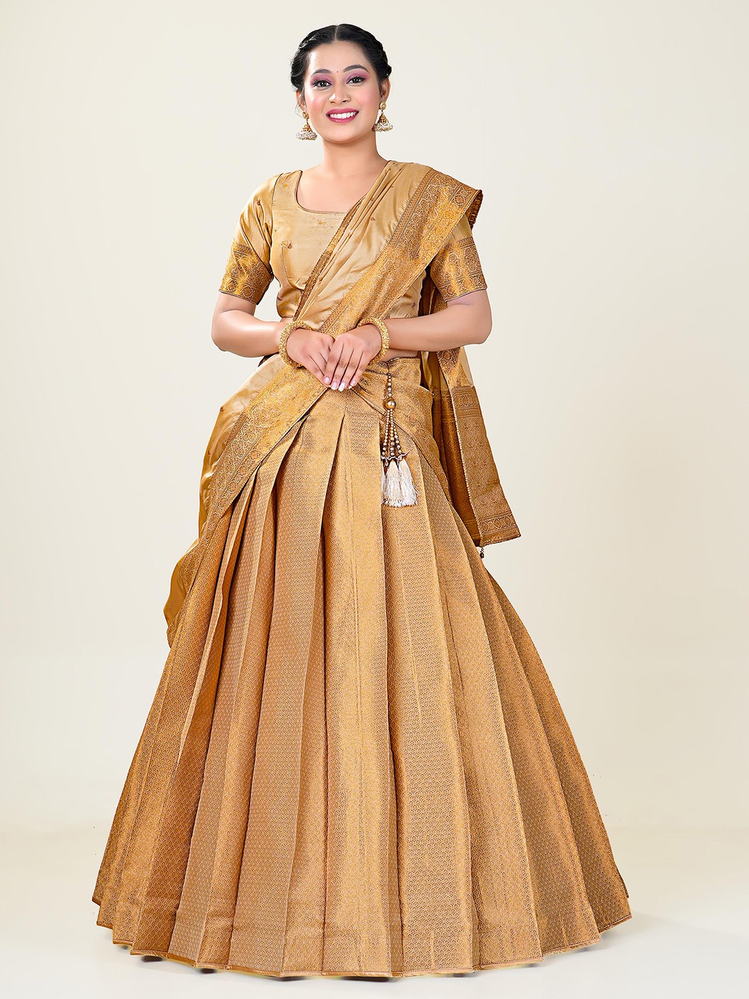 

HALFSAREE STUDIO Semi-Stitched Lehenga & Unstitched Blouse With Dupatta, Gold