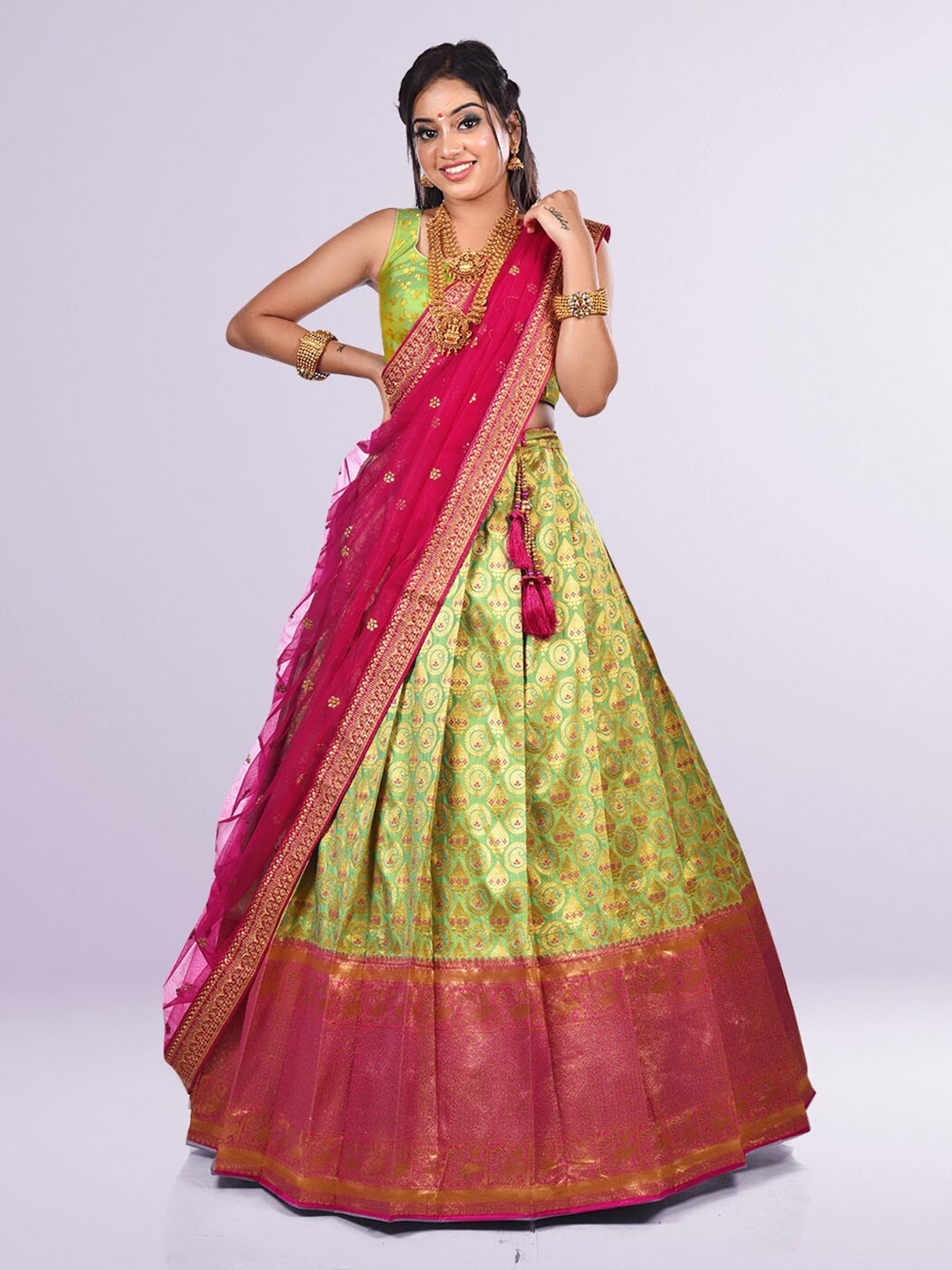 

HALFSAREE STUDIO Semi-Stitched Lehenga & Unstitched Blouse With Dupatta, Green