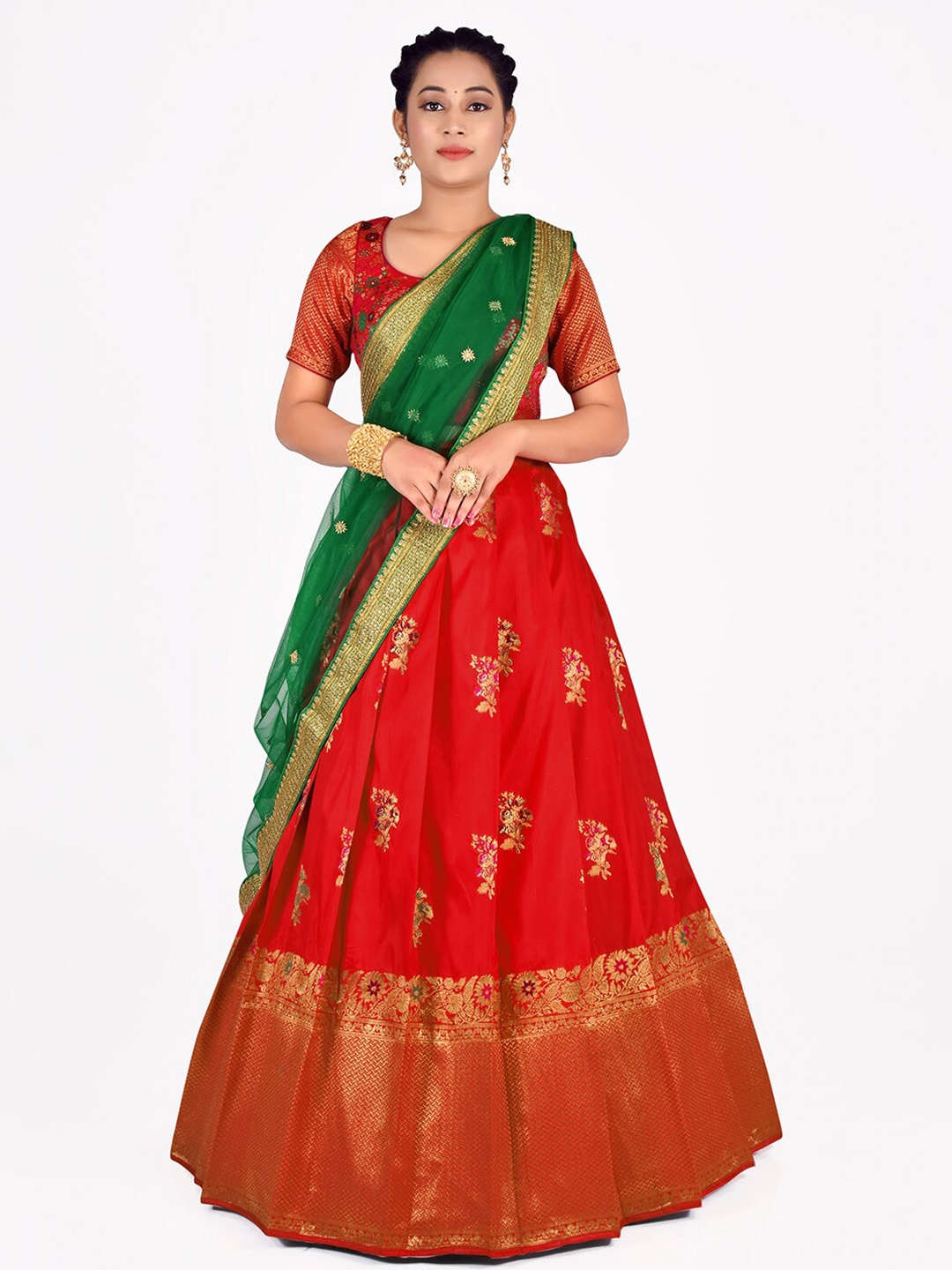 

HALFSAREE STUDIO Semi-Stitched Lehenga & Unstitched Blouse With Dupatta, Red