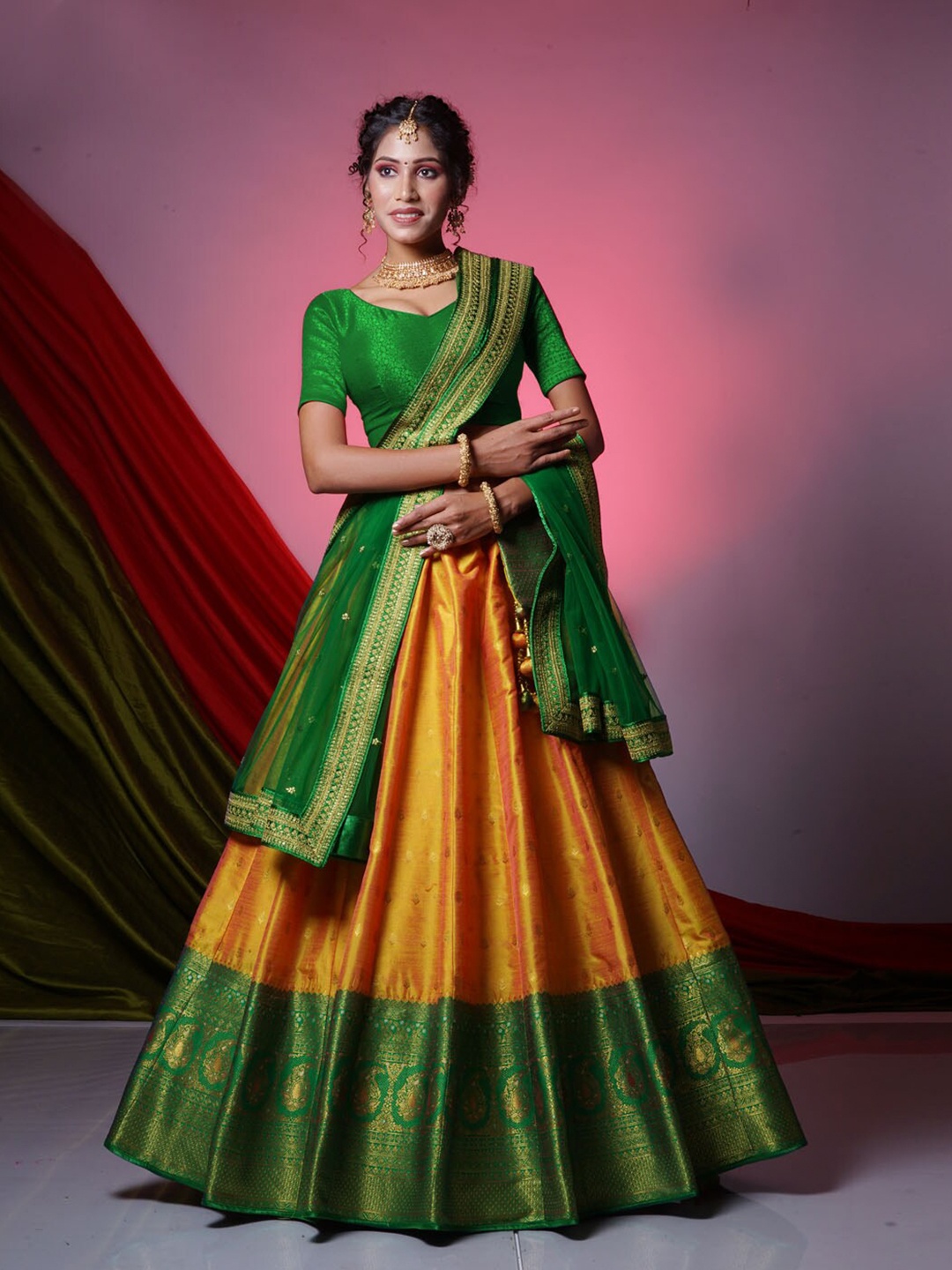 

HALFSAREE STUDIO Semi-Stitched Lehenga & Unstitched Blouse With Dupatta, Yellow
