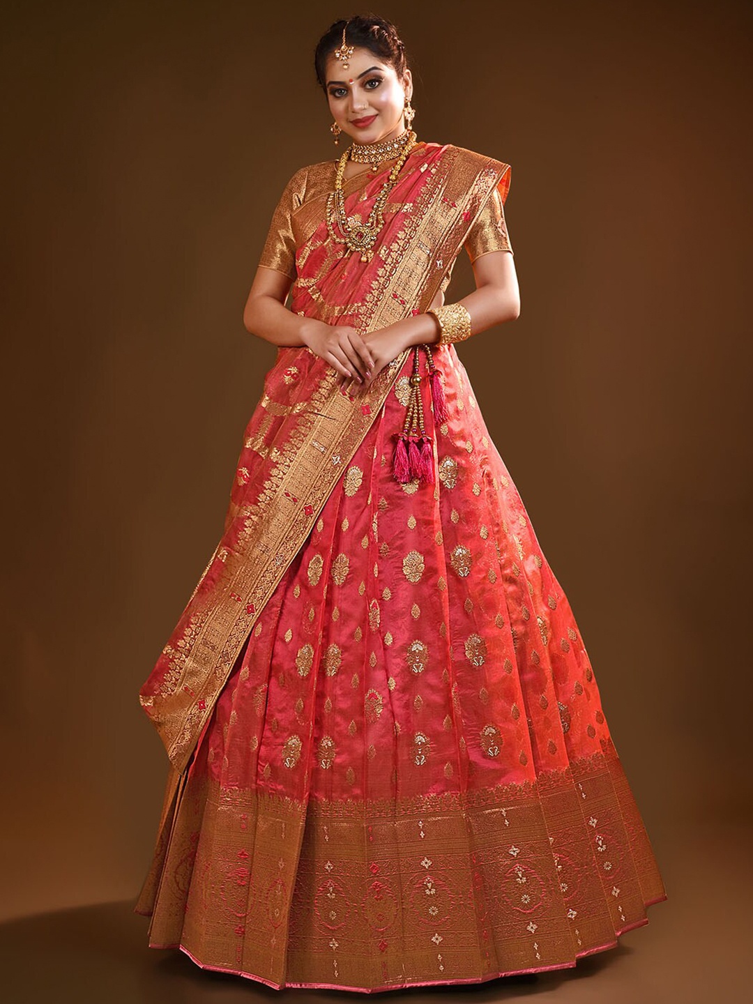 

HALFSAREE STUDIO Semi-Stitched Lehenga & Unstitched Blouse With Dupatta, Red